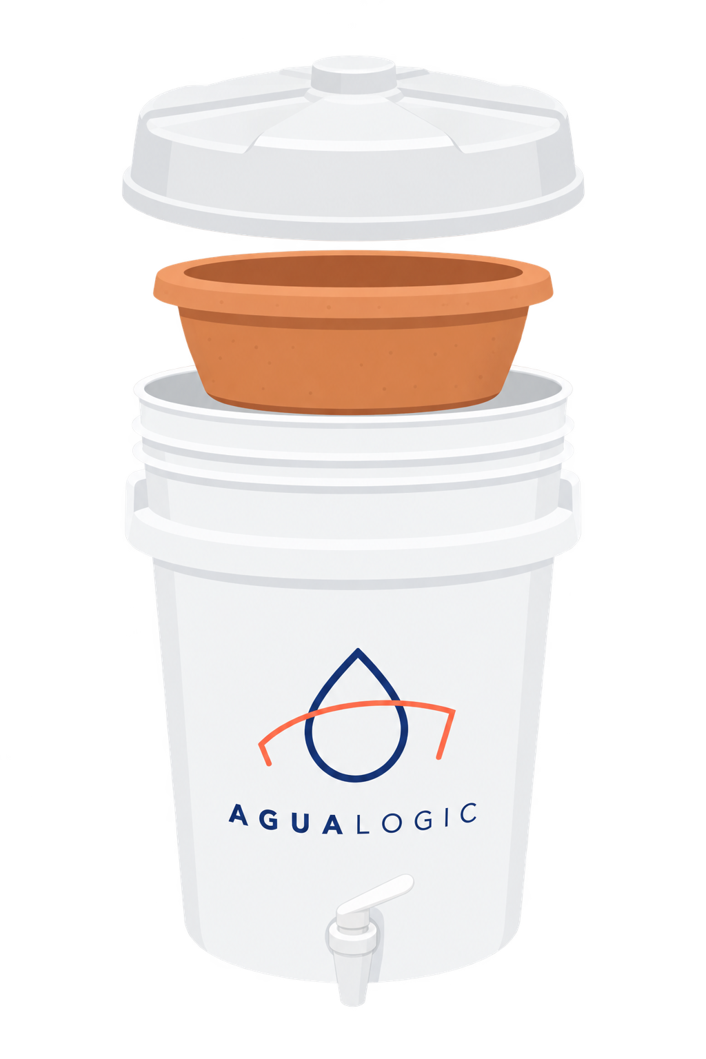 Filtro Agualogic: tapa, filtro cerámico y recipiente con grifo